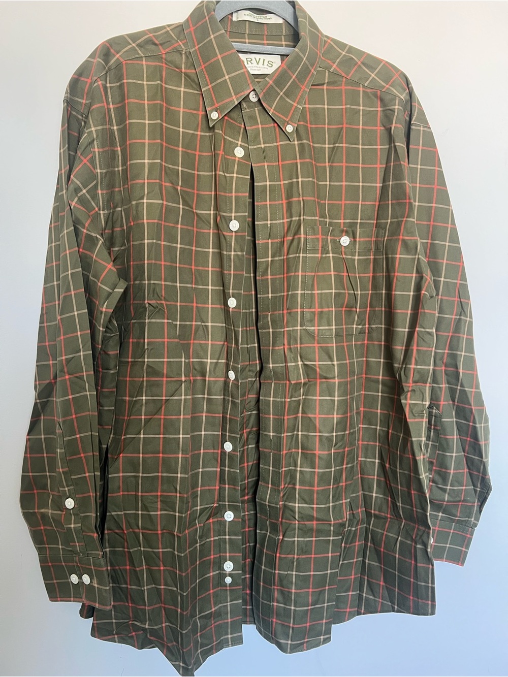 Orvis Mens Long Sleeve Button Down Shirt Green Plaid 100% Cotton Size L